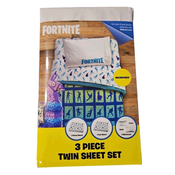 Fortnite 3 Piece Twin Sheet Set Fitted Flat And Pillowcase Blue Polyester - Picture 3 of 7